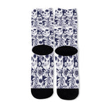 White Blue Skull Floral Pattern Print Long Socks