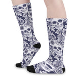 White Blue Skull Floral Pattern Print Long Socks