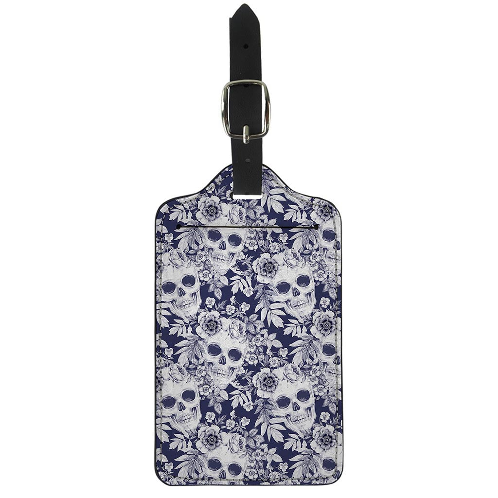 White Blue Skull Floral Pattern Print Luggage Tag