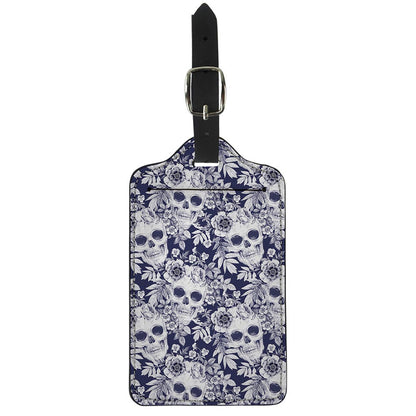 White Blue Skull Floral Pattern Print Luggage Tag
