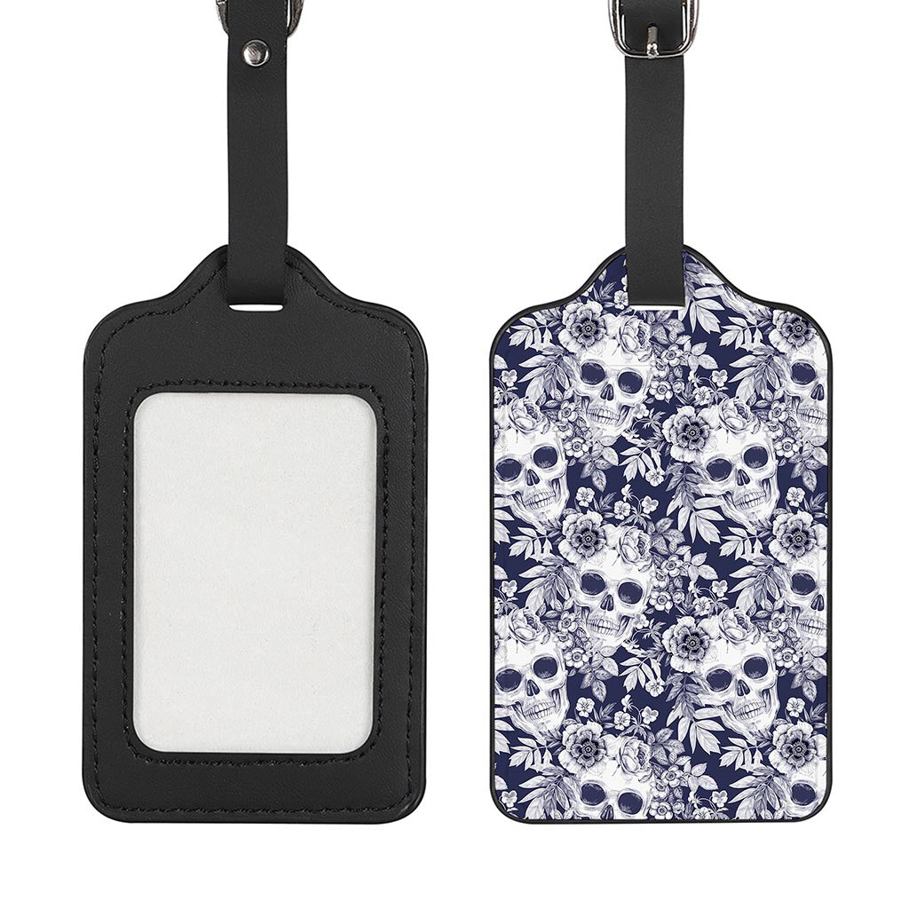 White Blue Skull Floral Pattern Print Luggage Tag