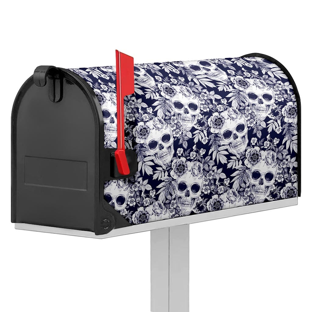 White Blue Skull Floral Pattern Print Mailbox Cover