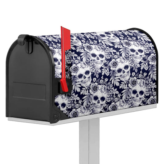 White Blue Skull Floral Pattern Print Mailbox Cover