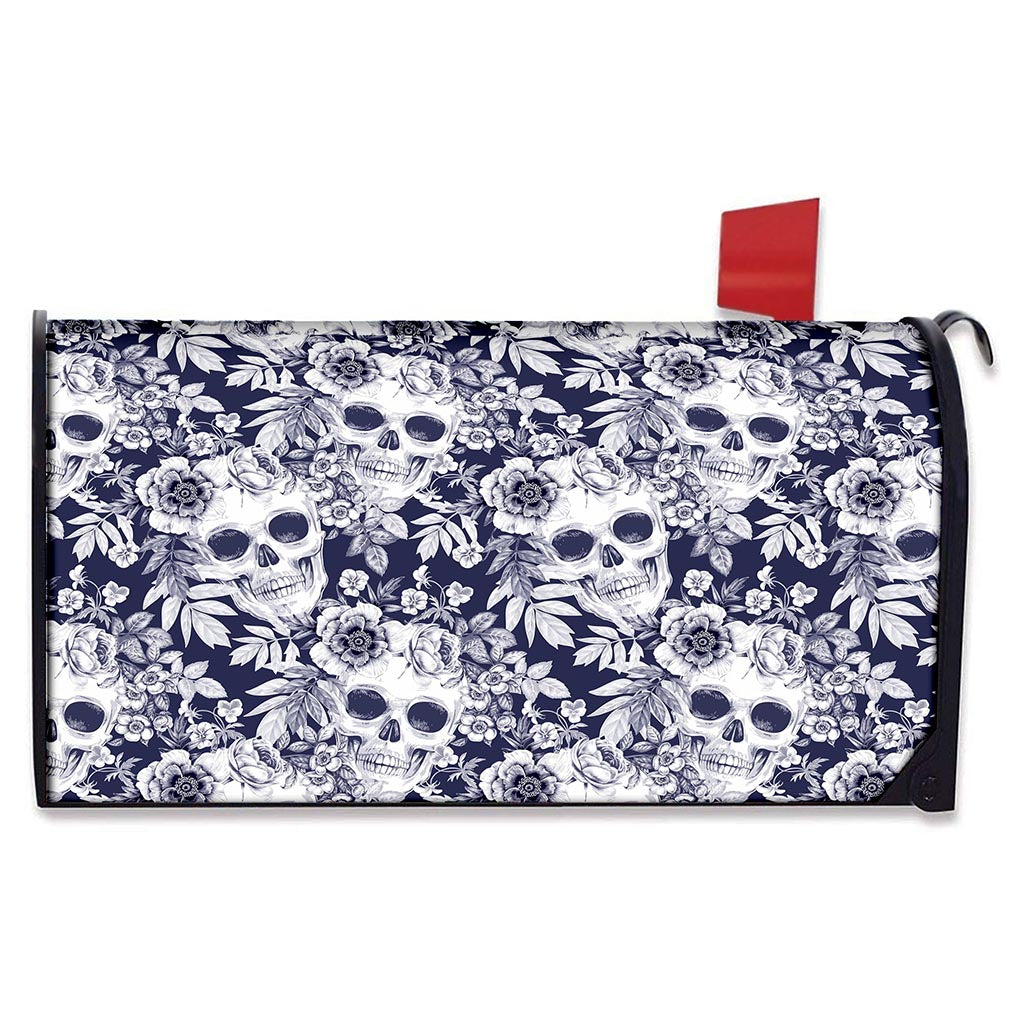 White Blue Skull Floral Pattern Print Mailbox Cover