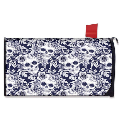 White Blue Skull Floral Pattern Print Mailbox Cover