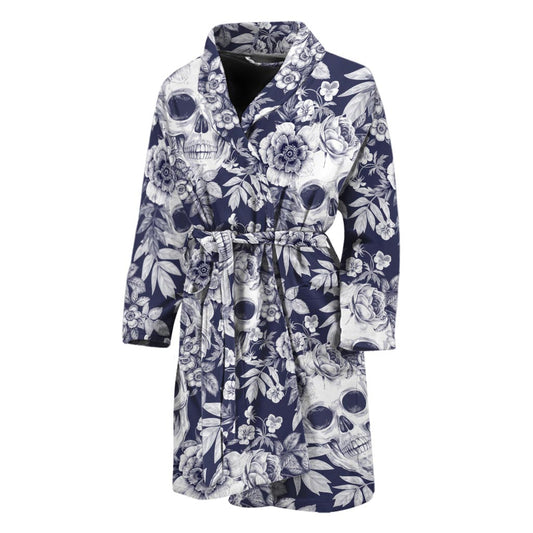 White Blue Skull Floral Pattern Print Men's Bathrobe