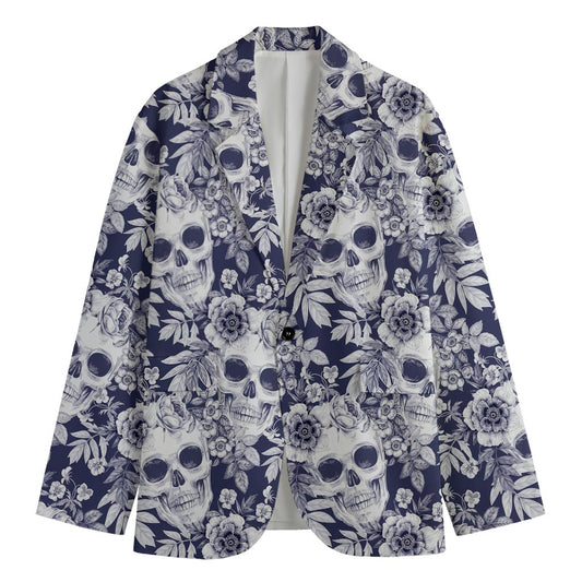 White Blue Skull Floral Pattern Print Men's Blazer