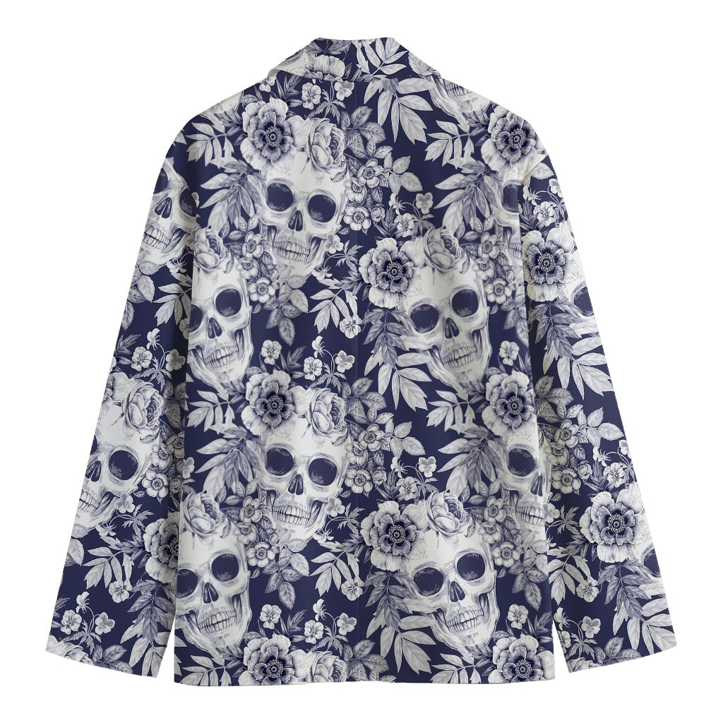 White Blue Skull Floral Pattern Print Men's Blazer
