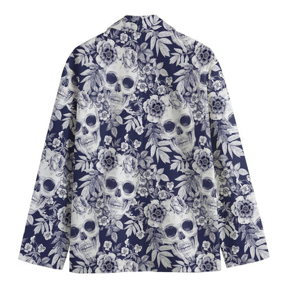 White Blue Skull Floral Pattern Print Men's Blazer