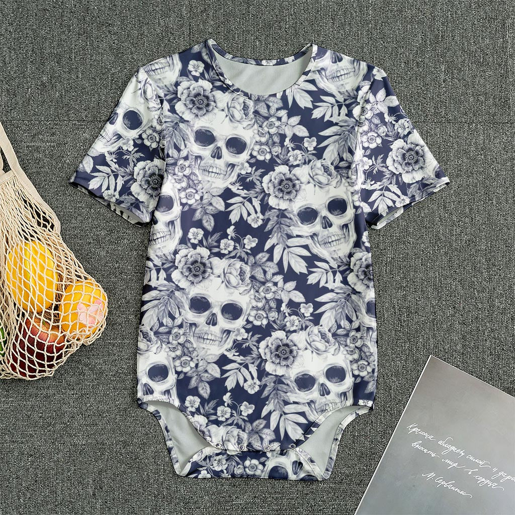 White Blue Skull Floral Pattern Print Men's Bodysuit