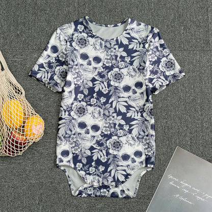 White Blue Skull Floral Pattern Print Men's Bodysuit