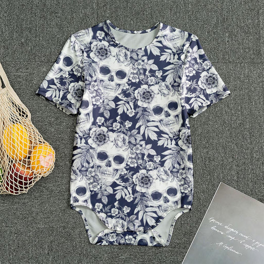 White Blue Skull Floral Pattern Print Men's Bodysuit