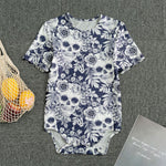 White Blue Skull Floral Pattern Print Men's Bodysuit