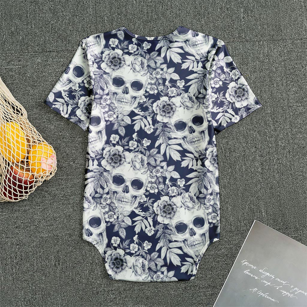 White Blue Skull Floral Pattern Print Men's Bodysuit