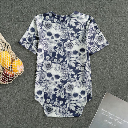 White Blue Skull Floral Pattern Print Men's Bodysuit