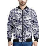 White Blue Skull Floral Pattern Print Men's Bomber Jacket