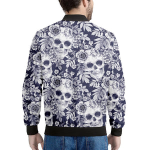 White Blue Skull Floral Pattern Print Men's Bomber Jacket