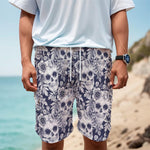White Blue Skull Floral Pattern Print Men's Cargo Shorts