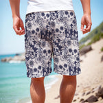 White Blue Skull Floral Pattern Print Men's Cargo Shorts