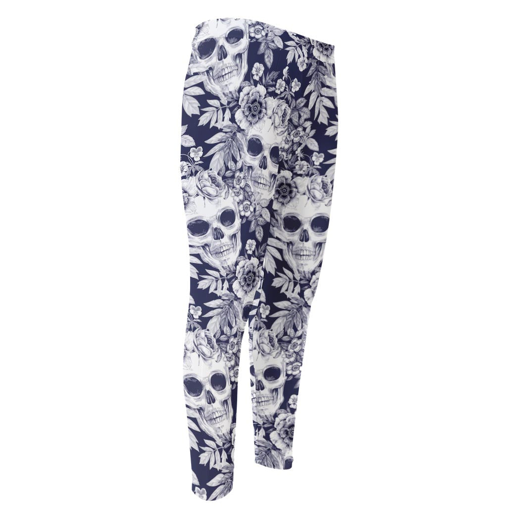 White Blue Skull Floral Pattern Print Men's Compression Pants