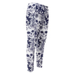 White Blue Skull Floral Pattern Print Men's Compression Pants