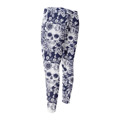 White Blue Skull Floral Pattern Print Men's Compression Pants