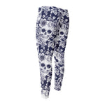 White Blue Skull Floral Pattern Print Men's Compression Pants