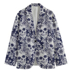 White Blue Skull Floral Pattern Print Men's Cotton Blazer