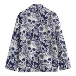 White Blue Skull Floral Pattern Print Men's Cotton Blazer