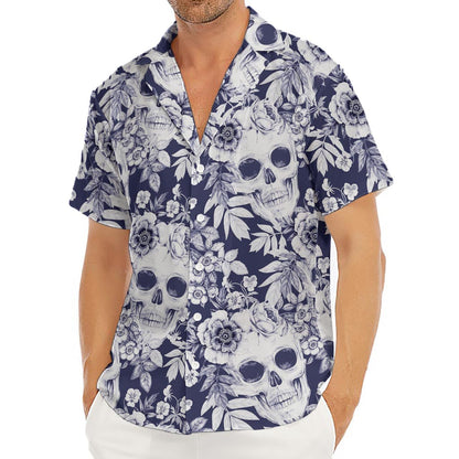 White Blue Skull Floral Pattern Print Men's Deep V-Neck Shirt