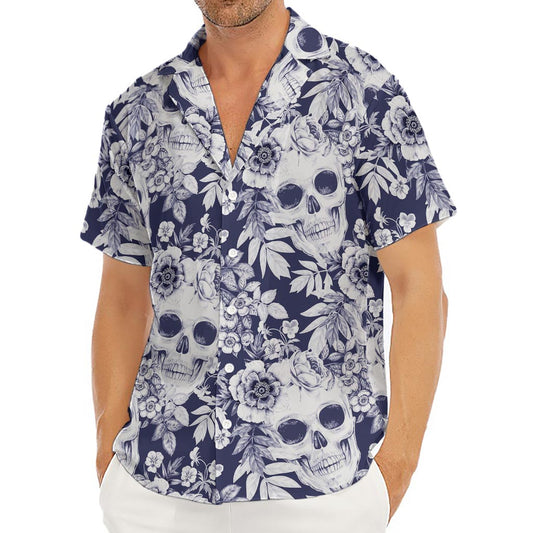 White Blue Skull Floral Pattern Print Men's Deep V-Neck Shirt