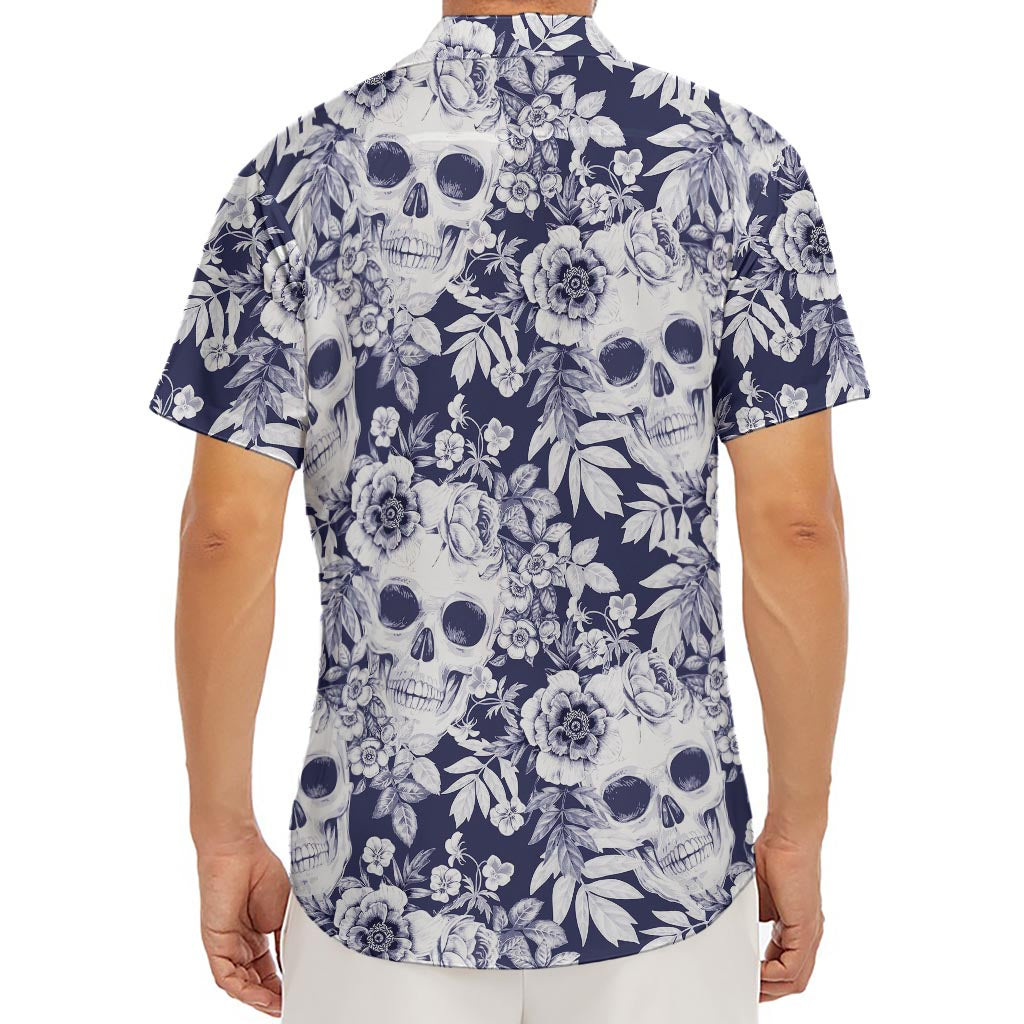 White Blue Skull Floral Pattern Print Men's Deep V-Neck Shirt