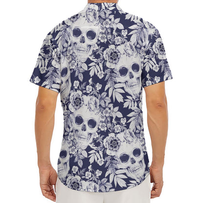 White Blue Skull Floral Pattern Print Men's Deep V-Neck Shirt