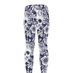White Blue Skull Floral Pattern Print Men's leggings
