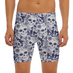 White Blue Skull Floral Pattern Print Men's Long Boxer Briefs