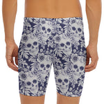 White Blue Skull Floral Pattern Print Men's Long Boxer Briefs