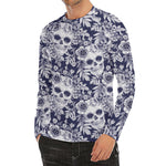 White Blue Skull Floral Pattern Print Men's Long Sleeve Rash Guard