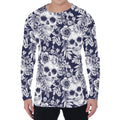 White Blue Skull Floral Pattern Print Men's Long Sleeve T-Shirt
