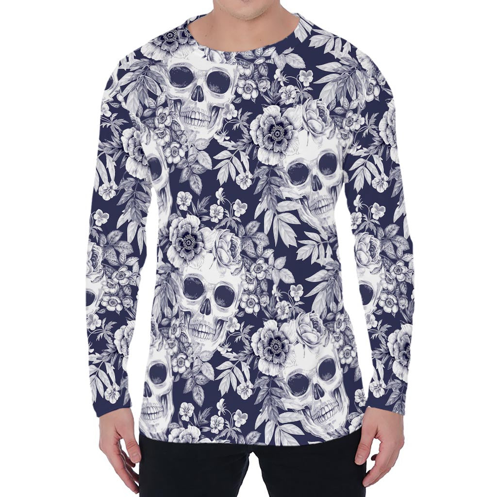 White Blue Skull Floral Pattern Print Men's Long Sleeve T-Shirt