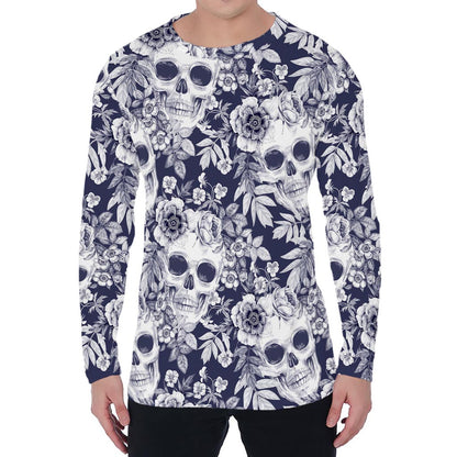 White Blue Skull Floral Pattern Print Men's Long Sleeve T-Shirt