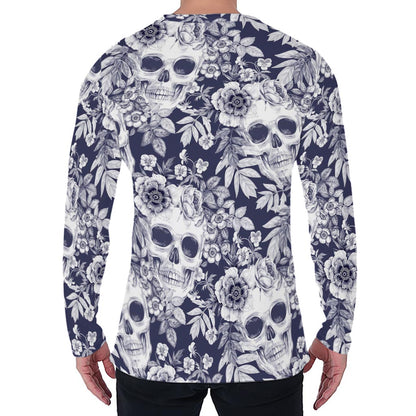 White Blue Skull Floral Pattern Print Men's Long Sleeve T-Shirt