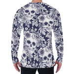 White Blue Skull Floral Pattern Print Men's Long Sleeve T-Shirt
