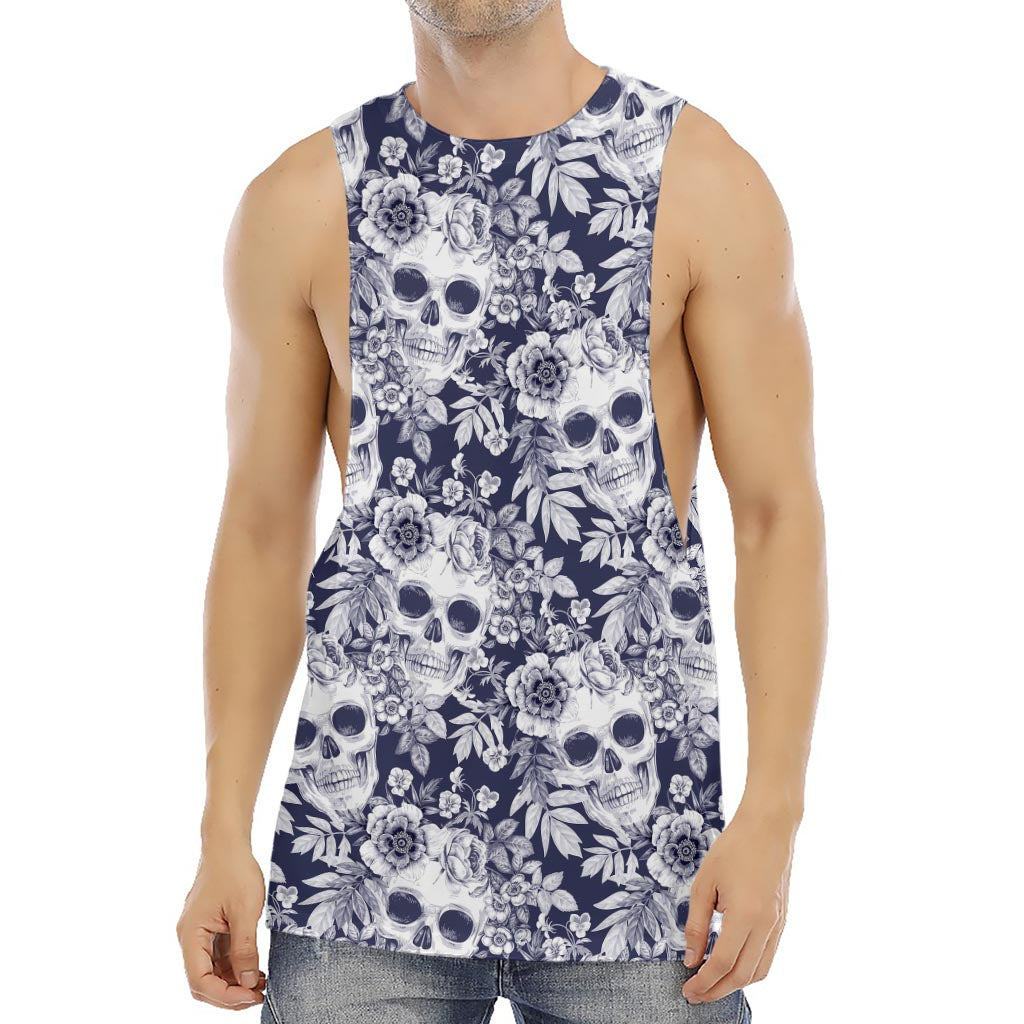 White Blue Skull Floral Pattern Print Men's Muscle Tank Top