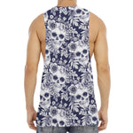 White Blue Skull Floral Pattern Print Men's Muscle Tank Top