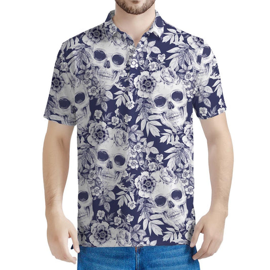White Blue Skull Floral Pattern Print Men's Polo Shirt
