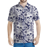 White Blue Skull Floral Pattern Print Men's Polo Shirt