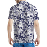 White Blue Skull Floral Pattern Print Men's Polo Shirt