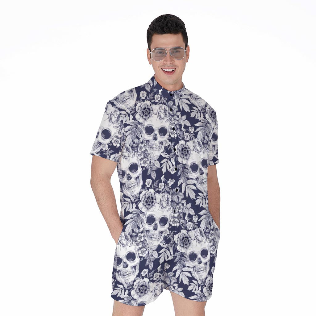 White Blue Skull Floral Pattern Print Men's Rompers