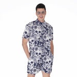 White Blue Skull Floral Pattern Print Men's Rompers