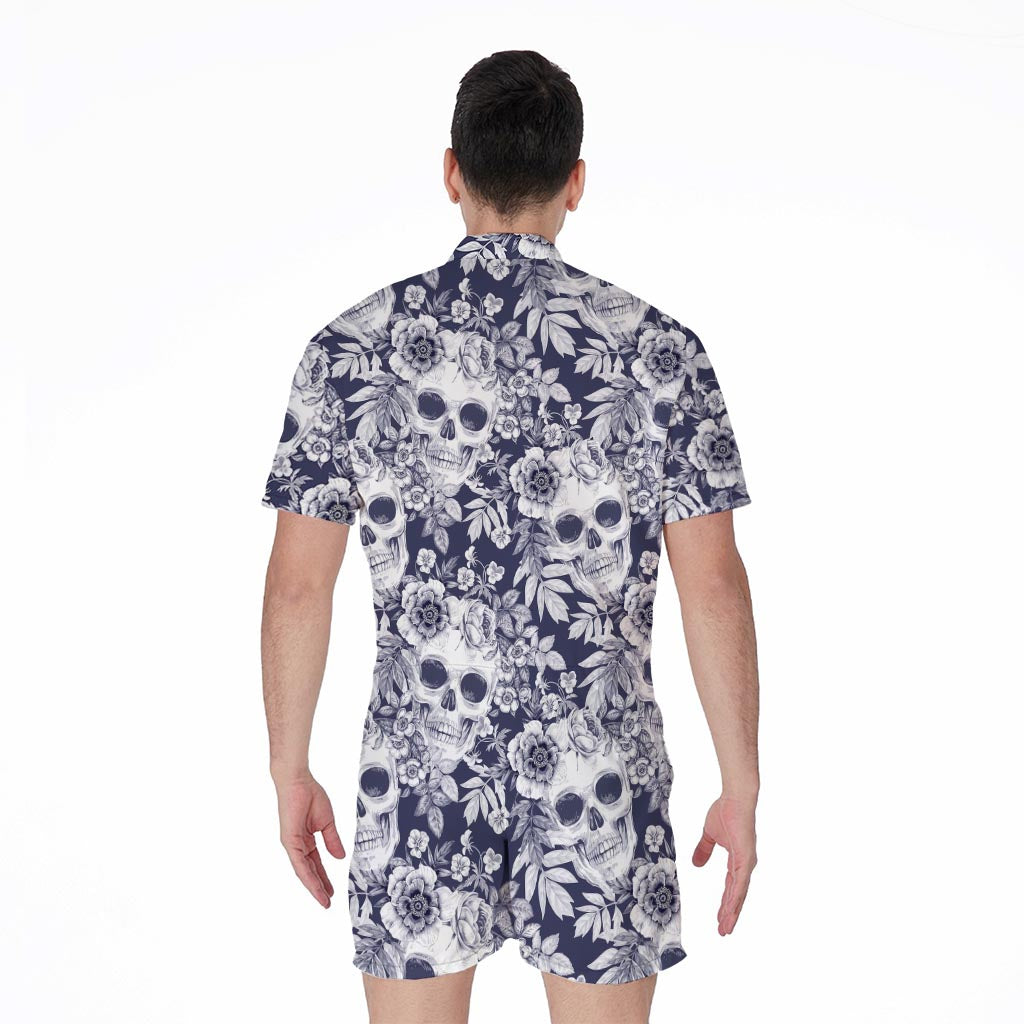 White Blue Skull Floral Pattern Print Men's Rompers